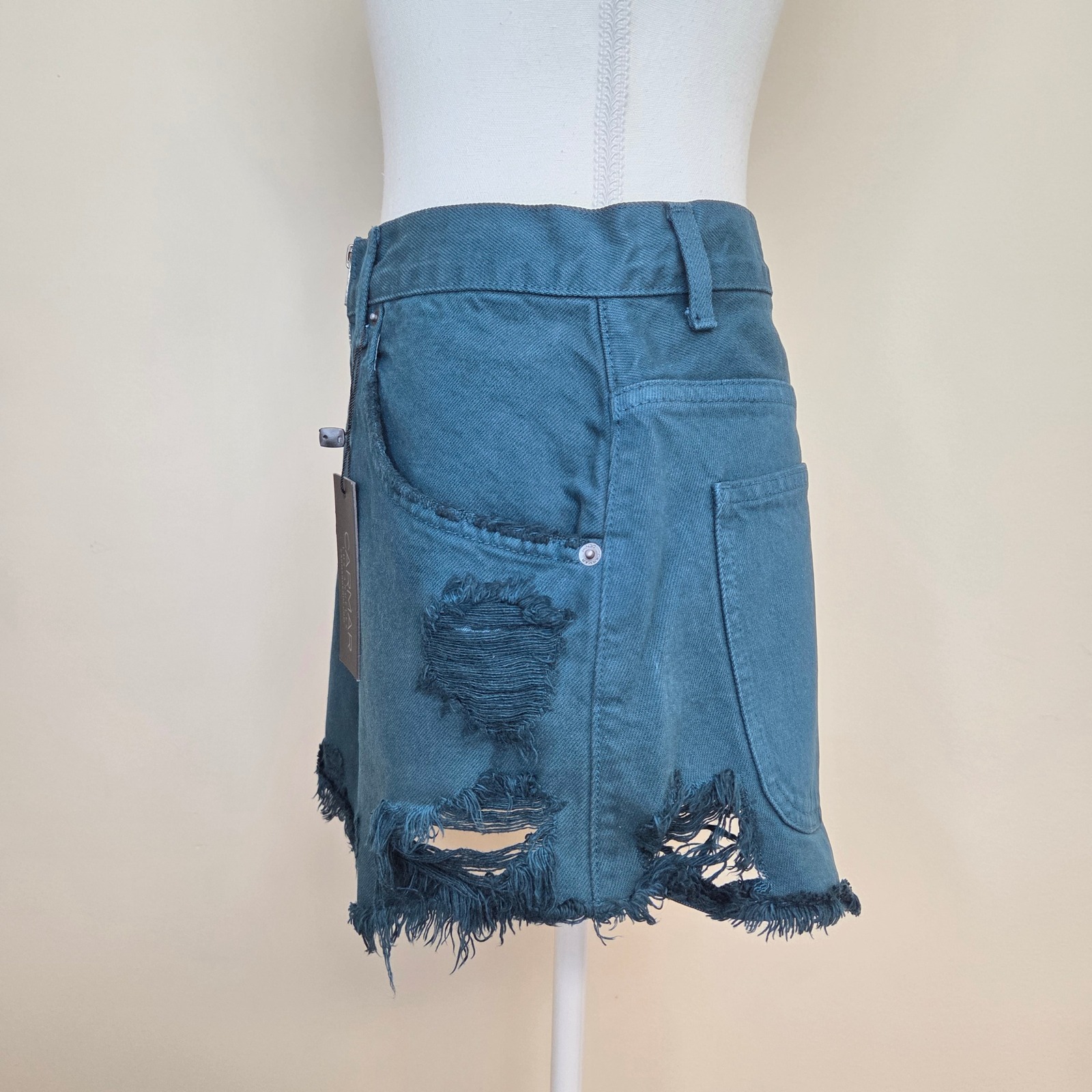 Nwt $188 Carmar Denim Beatrice Distressed Mini Skirt Teal Blue Front Zip 28 — image 2 of 6
